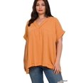 thumbnail image 2 of Zenana Plus Size Relaxed Fit Gauge Rolled Short Sleeve Raw Edge V-Neck T-Shirt Tunic, 2 of 2