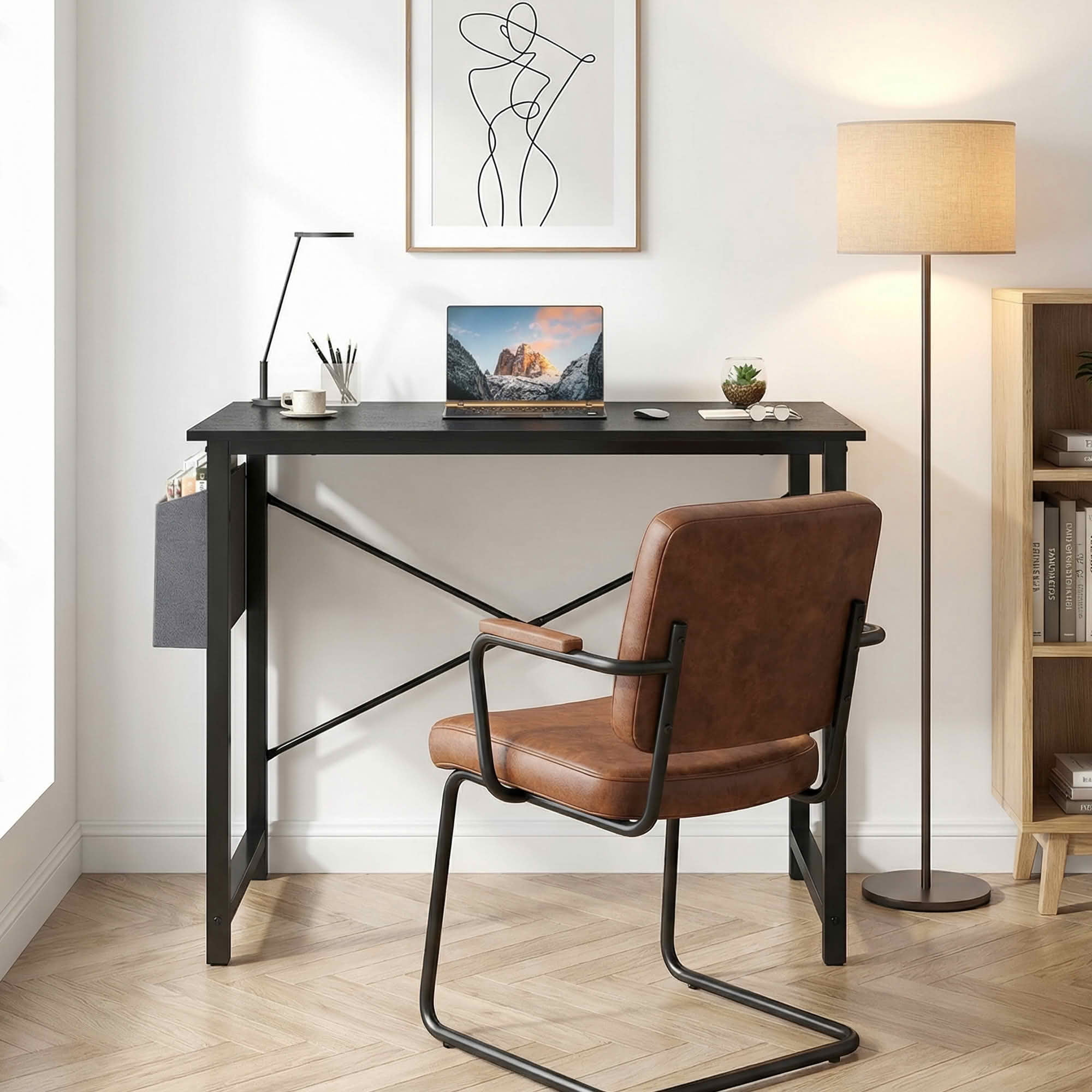 MAYEERTY Office Computer Desk, Fabric Storage Bag, Sturdy Steel Frame & Wooden Tabletop