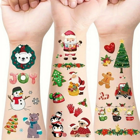 30 Pcs Christmas Tattoo Stickers, Multiple Cartoon Patterns, Santa Claus Elk Star Christmas Tree Gift Candy Etc Tattoo Stickers, Temporary Tattoos, Waterproof Available For 2-3 Days, Makeup Remover Wa