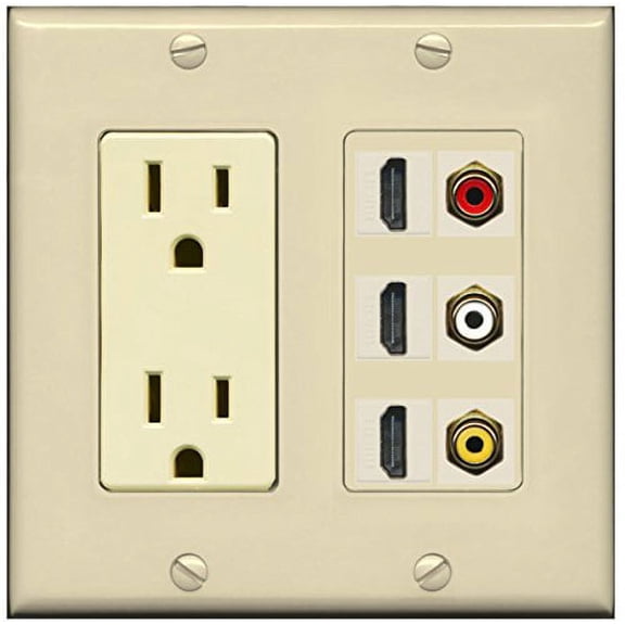 RiteAV - 2 x 15 Amp 125V Power Outlet 3 x HDMI and 3 x RCA Port Wall Plate - Ivory