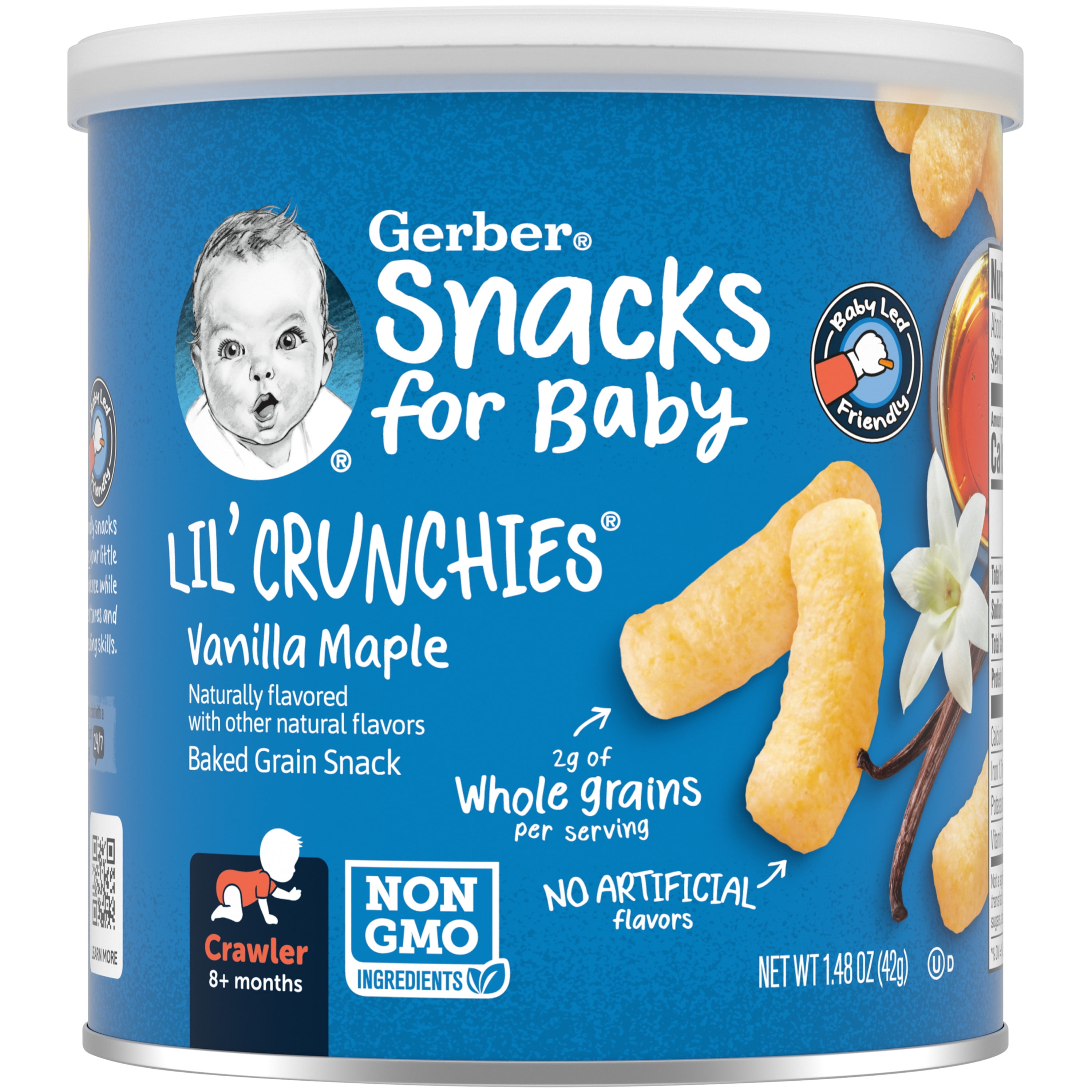 Gerber Snacks for Baby Lil Crunchies Baked Grain Vanilla Maple, 1.48 oz Canister