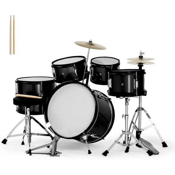 HarmonyStrings 5-Piece Complete Junior Drums Set, 14 Inch Beginners Drum Kit with Throne Stool, Pedal & Drumsticks, Drums Musical Instruments W/Cymbal, Hi-Hat, Floor, Tom and Snare Drum 16"x11" Black