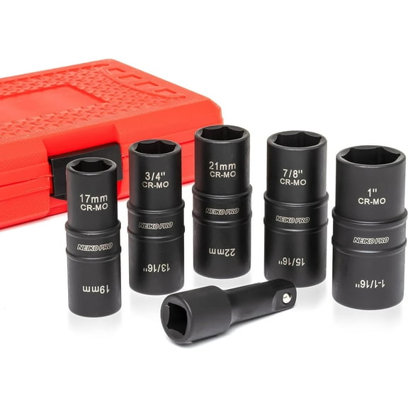 NEIKO 02287B 6-Pc 1/2-Inch-Drive Impact Socket Set, 10 SAE & Metric Sizes, Thin Wall Wheel Lug Nut Socket Set, Cr-Mo, 3-Inch Extension Bar, 6-Point, 19 & 21mm Sockets