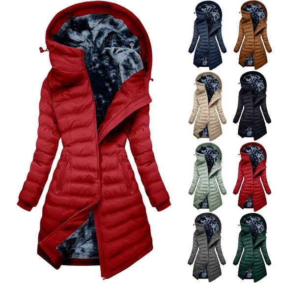Women Puffer Coat Fleece Lined Long Quilted Asymmetric Zipper Hooded Slim Fit Windproof Warm Winter Parka Jacket with Multi Zipper Pockets