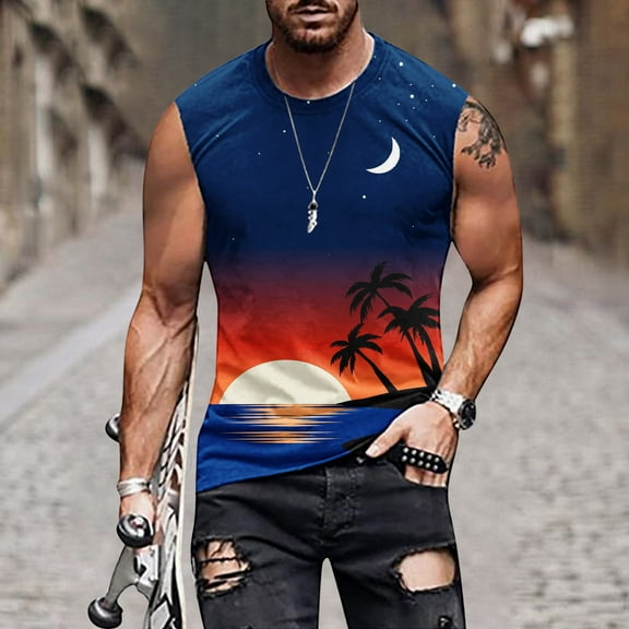 Dianli Men's Athletic Compression Shirts Fashion Crew Neck Summer Beach Loose Fit Sleeveless Gym Yoga Graphic Tank Tops Quick Dry Workout Gym Summer Saving Blue XL