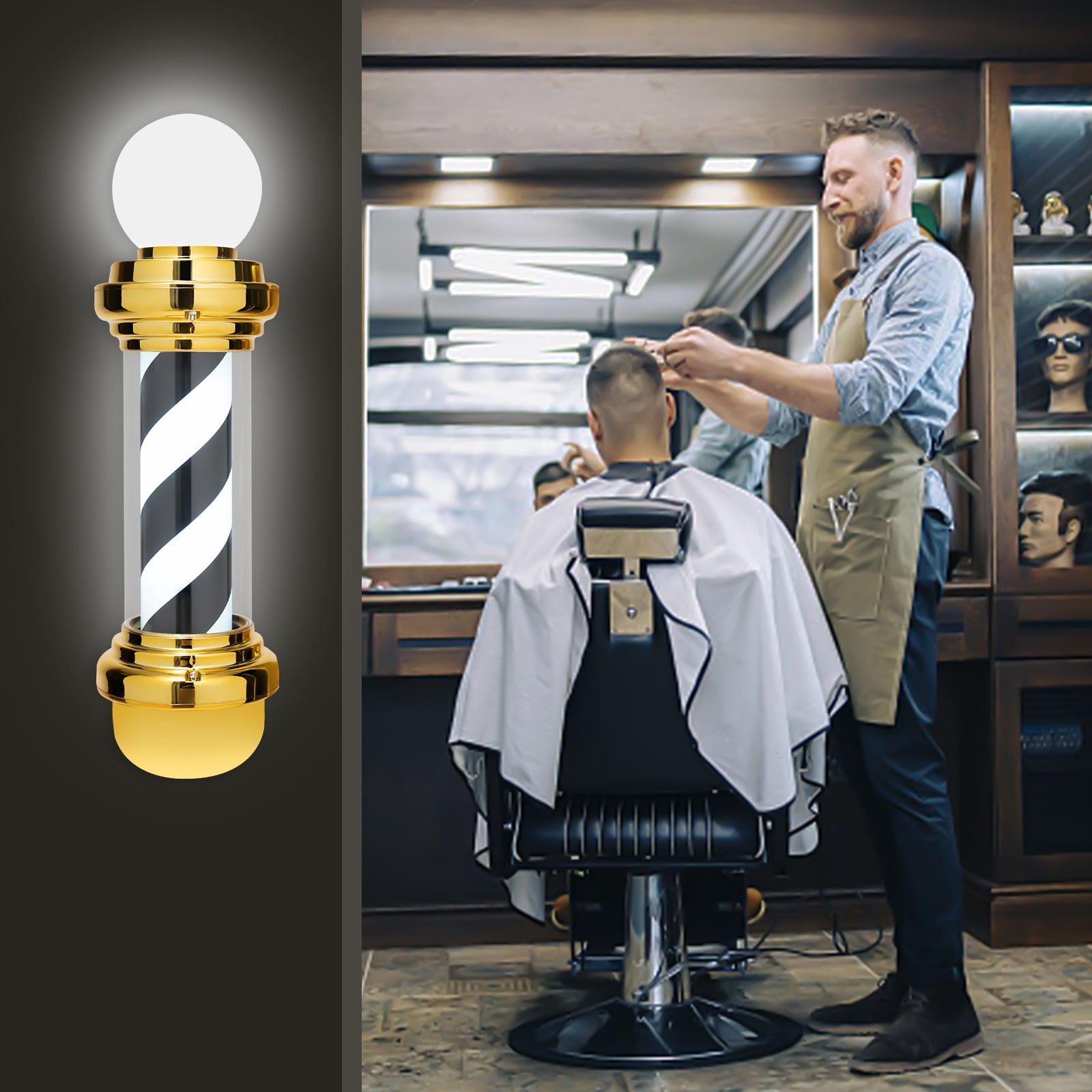 Barber Pole Light Black White Gold Wall Mount Salon Sign with 18W LED Waterproof Outdoor Barber Shop Light