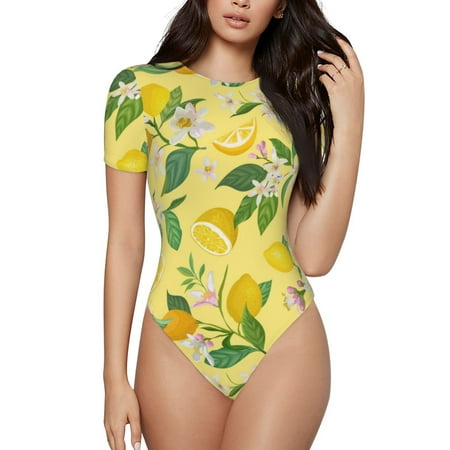 Gaeub Lemon Women S Short Sleeve One Piece Swimsuit Sexy High-Waisted Bodysuit For Swimming  Beach  Sports - Small