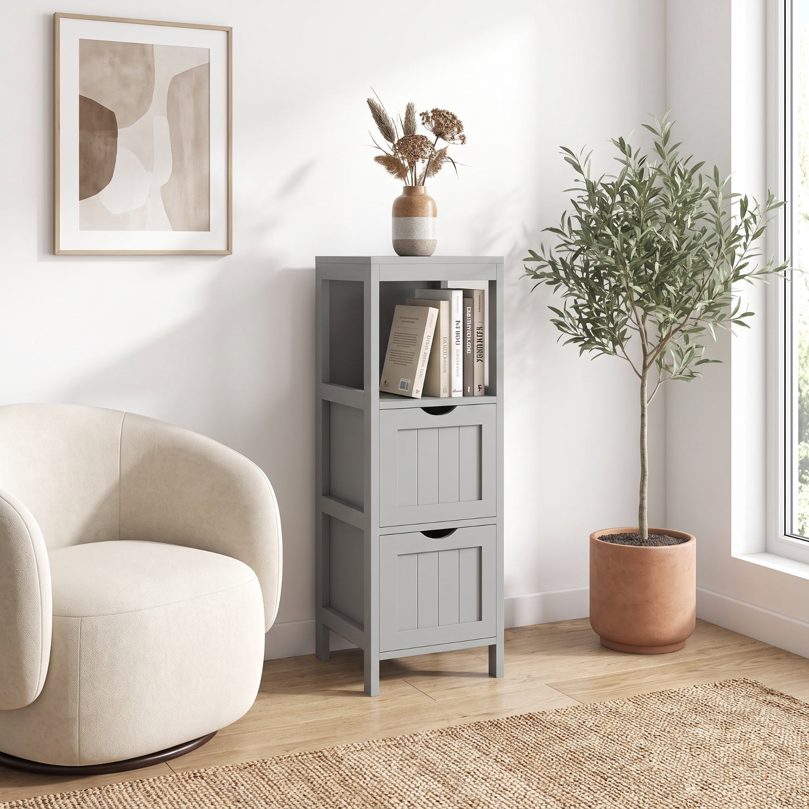Vebreda Freestanding Bathroom Storage Cabinet, Freestanding Storage Cabinet with 2 Removable Drawers for Bathroom, Extra Anti-Toppling Mechanism