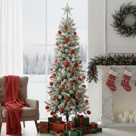 ROSVOVO 6ft Snow Flocked Pencil Christmas Tree with 250 Lights | Pre-lit Slim Artificial Tree with 571 Branch Tips for Winter Wonderland Decor