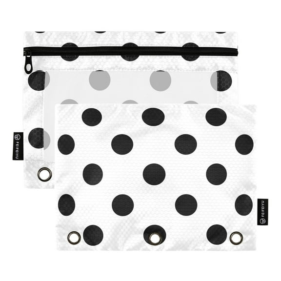 2 Pack Pencil Pouch for 3 Ring Binder Zipper Pencil Case Black Polka Dots Clear Window Pencil Bag Organizers