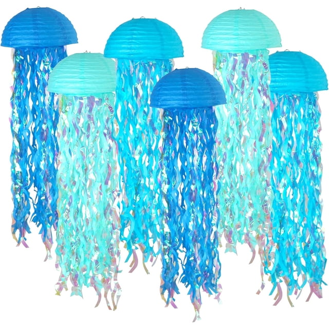 Nvzi Faroles de papel colgantes de medusas azules, faroles de papel de colores degradados para fiestas bajo el mar, decoraciones de cumpleaños en el océano
