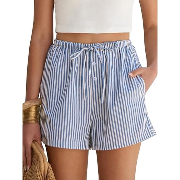 ANRABESS Boxer Shorts for Women Gingham Plaid Drawstring Lounge Shorts with Pockets, Elastic Waist Summer Pajama Beach Shorts Blue White Stripe Medium