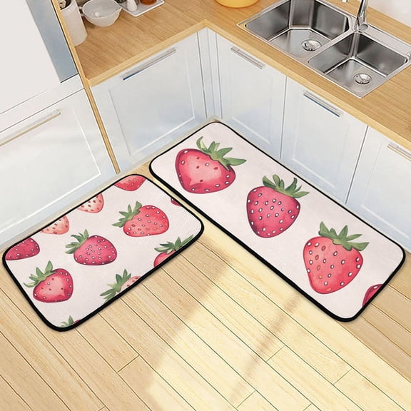 Watercolor Pink Strawberries Kitchen Mat Set of 2 Cushioned Non Slip Rugs for Bedroom Floor Runner Mats