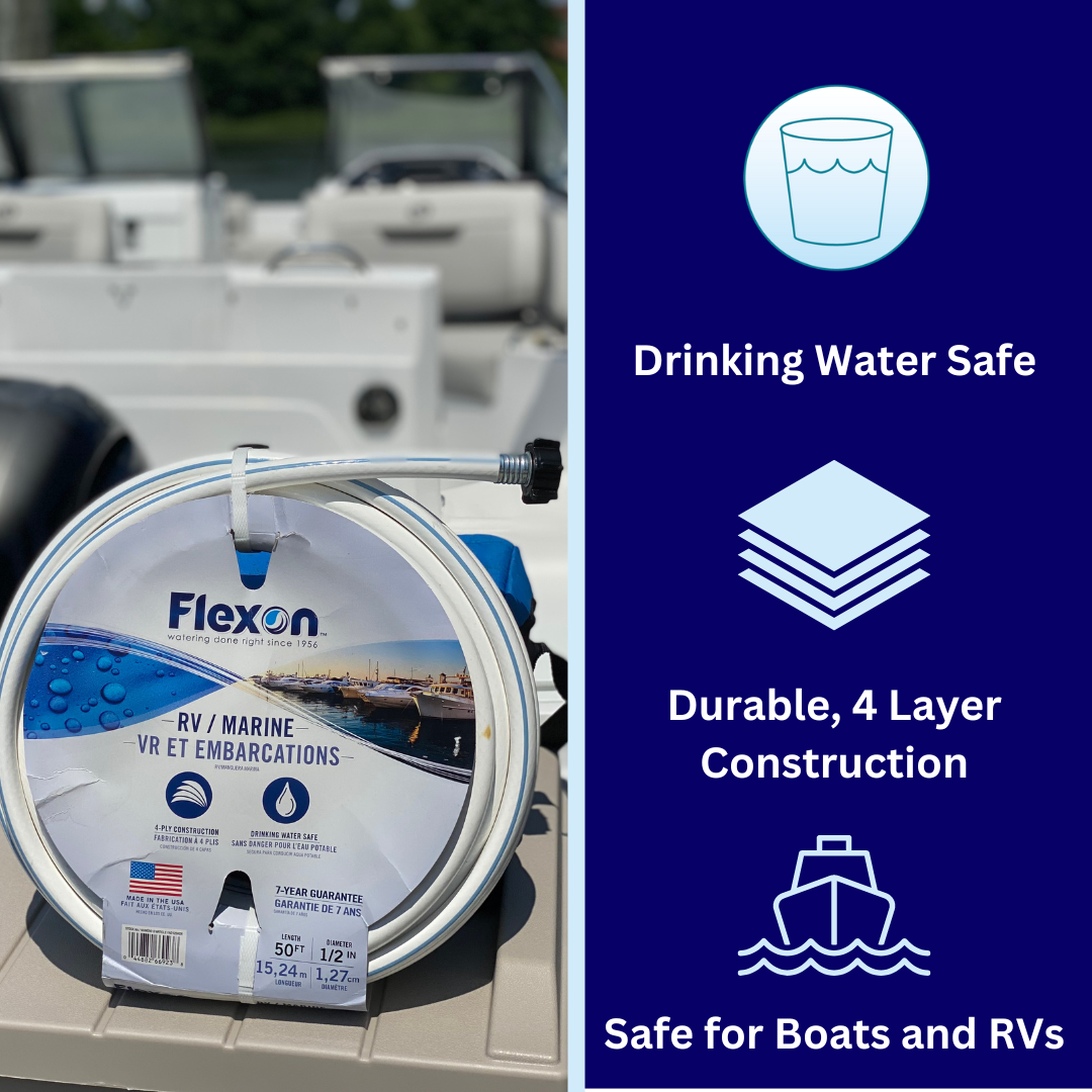 Flexon 1/2-Inch x 50-Foot Boat, RV, and Camper Drinking Water Safe Hose – Drink Water Safe, 4-Ply Construction, Double Nylon Reinforcement, Made in USA