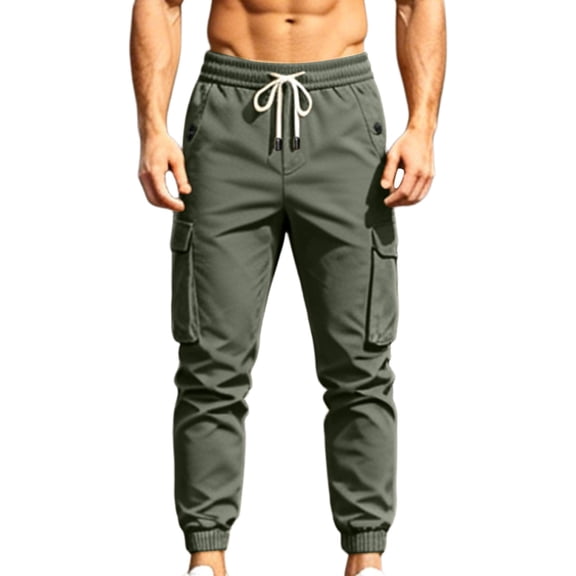 Lmueinov Cargo Pants for Men Elastic Drawstring Waist Lightweight Casual Jogger Pants with Pockets Outdoor Long Trousers for Jogging Hiking