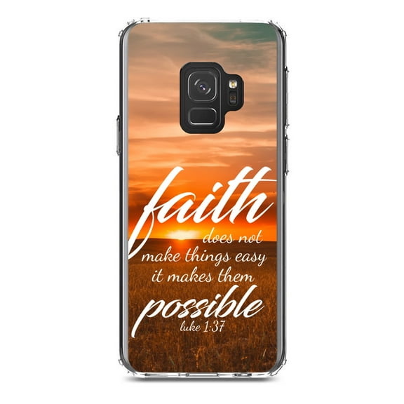 DistinctInk Clear Shockproof Hybrid Case for Samsung Galaxy S9 (5.8" Screen) - TPU Bumper, Acrylic Back, Tempered Glass Screen Protector - Luke 1:37 - Faith Does Not Make Easy Makes Possible