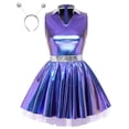 thumbnail image 3 of iiniim Women Alien Cosplay Lapel V Neck Sleeveless A-line Hem Tulle Layers Metallic Dress with Hair Hoop for Role-playing Theme Party Stage Dance Blue 3XL, 3 of 7