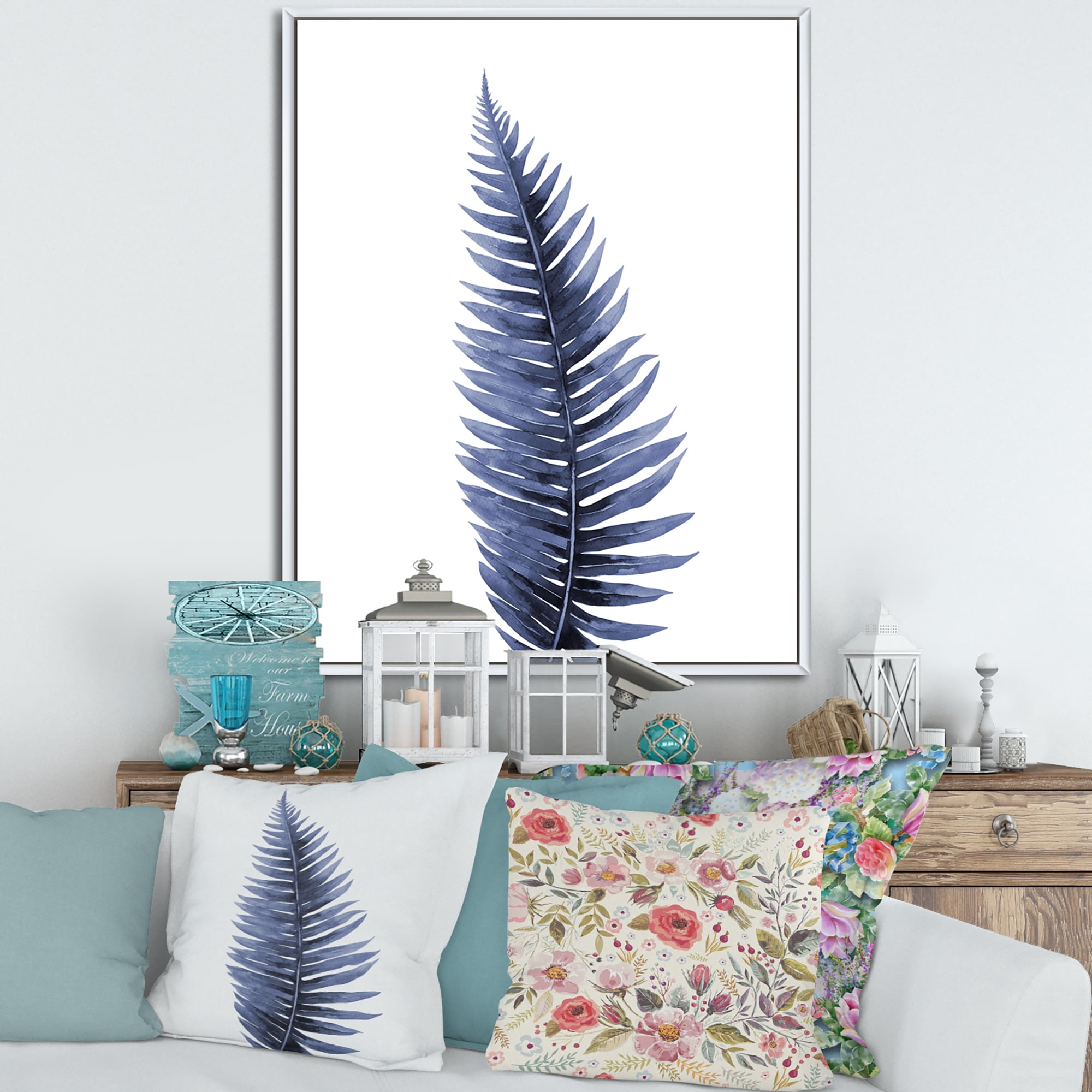 Designart 'Tropical Blue Watercolour Leaves On White' Bohemian & Eclectic Framed Canvas Wall Art Print