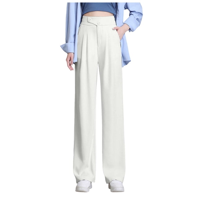 Pantalones anchos de color liso para mujer - Pantalones de traje de cintura alta con cintura elástica - Mezcla de poliéster y spandex, dos bolsillos, ideales para la oficina y para looks informales