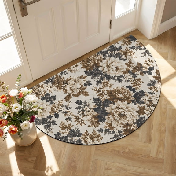 Brown Flower Diatomaceous Earth Bath Mat, Vintage Floral Blossoms Gray Leaf Rustic Farmhouse Half Round Non-Slip Quick Dry Door Mat Super Absorbent Bath Rug for Bathroom Kitchen Laundry 16x24in