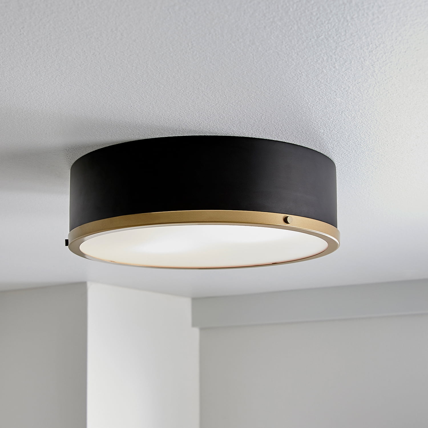 Better Homes & Gardens Irving Park 2-Light Flush Mount, Matte Black with Burnished Brass Accents, Frosted Glass Shade, LED Bulbs Included