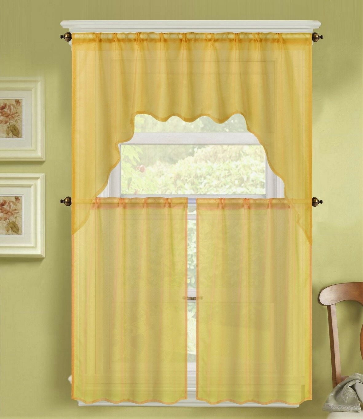YELLOW 3-PC K66 Luxurious Sheer Organza Kitchen Rod Pocket Window ...