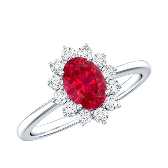 Rosec Jewels Certified Lab Grown Ruby Oval Engagement Ring with Halo - 6X8 mm - AAAA Grade - Ruby Diamond Ring - with Jewelry Box, 925 Sterling Silver, US 4.00