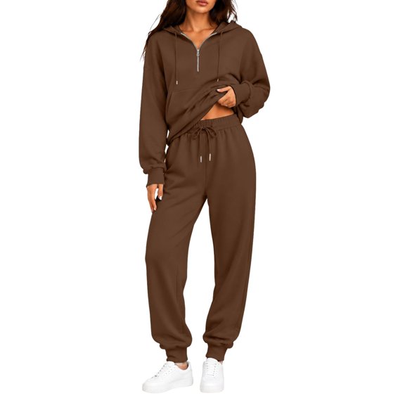 ZsaeSM Womens 2 Piece Tracksuit Sets Half Zip Long Sleeve Hooded Sweatshirts & Drawstring Jogger Pants Casual Trendy Outfit Set Brown L