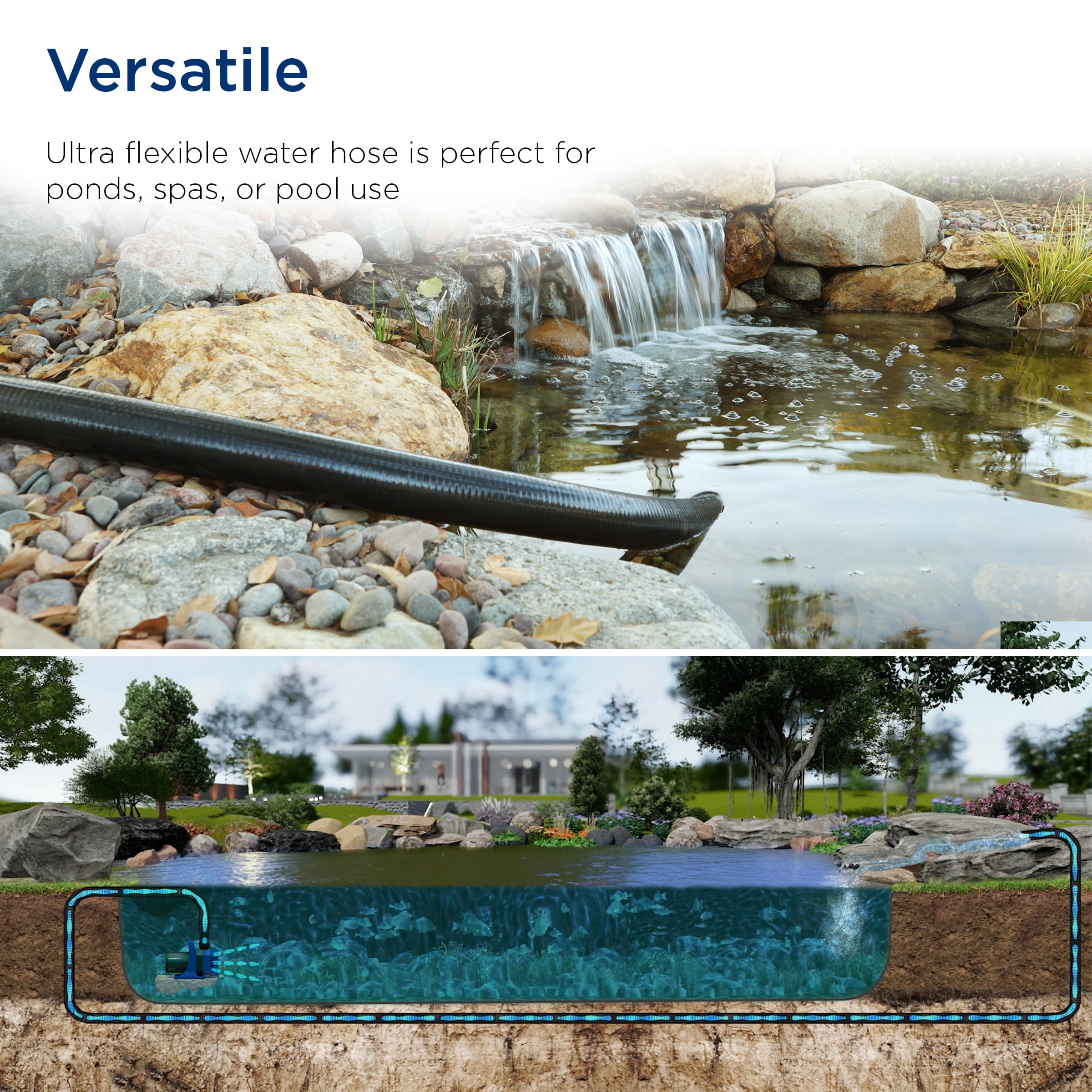 Alpine Corporation 50-Ft Flexible PVC Water Pump Hose with 2-Inch Diameter - Heavy-Duty Black Tubing with S-40 Fittings for Outdoor Ponds, Fountains, Waterfalls, and Pools