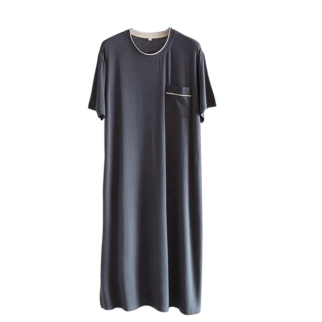Short Sleeved Nightgown for Men, Loose Straight Tube Fit, Mid-Length Home Wear, Breathable Polyester, Solid Color, Round Neck