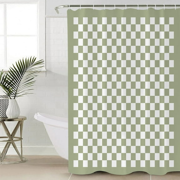 Sage Green Plaid Bathroom Curtain 78 Inch Shower Curtain with Hooks, Farmhouse Green White Checkered Lace Waterproof Polyester Bath Curtain Washable Bathtub Curtain 54''x 78''