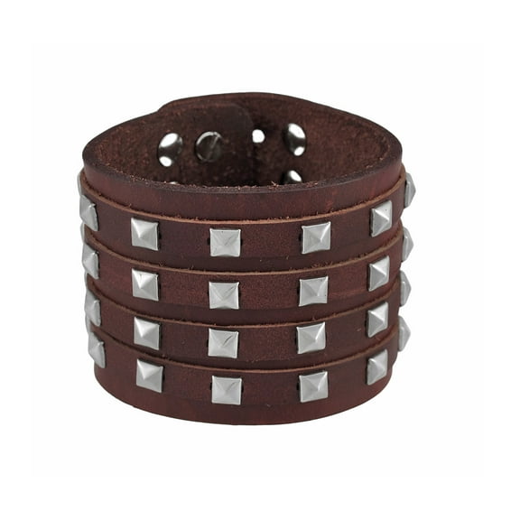 Zeckos Brown Leather 4 Row Pyramid Studded Wristband Bracelet
