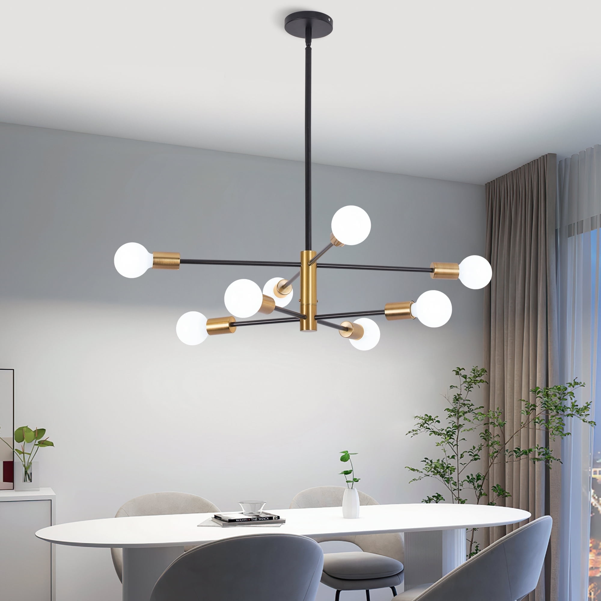 LISUNAR Chandelier,Sputnik ceiling light fixture,8 light modern chandelier,Black and Gold Mid Century Plating,Chandeliers for dining room,Height Adjustable for Living Room and Bedroom