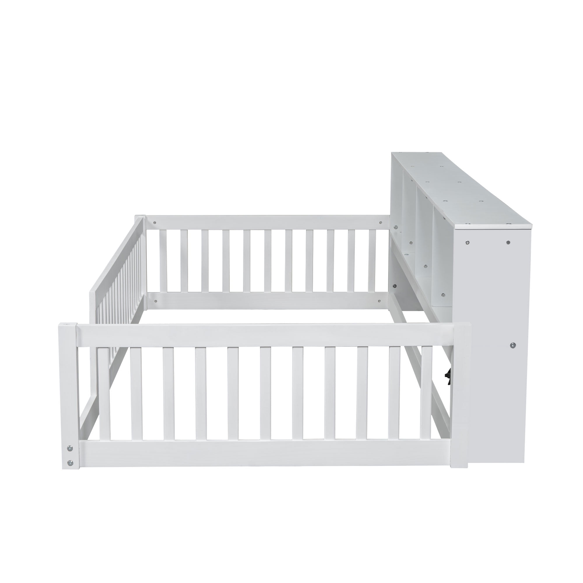 Euroco Wood Twin XL Floor Bed, Low Profile Daybed with Storage Shelves and USB Charging Station, White