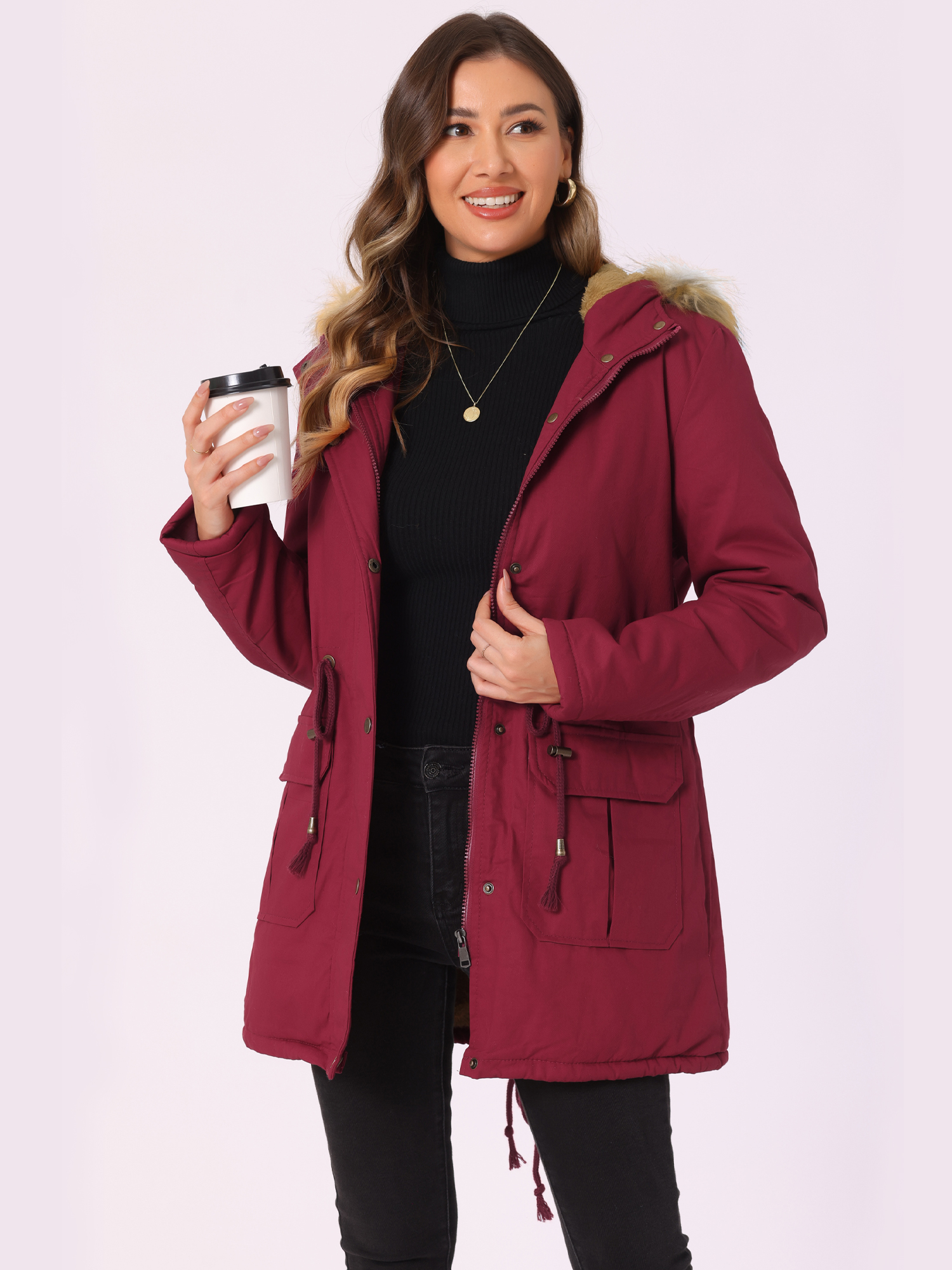 Unique Bargains Women Windproof Winter Parka Puffer Coat with Faux Fur Hood M Dark Red