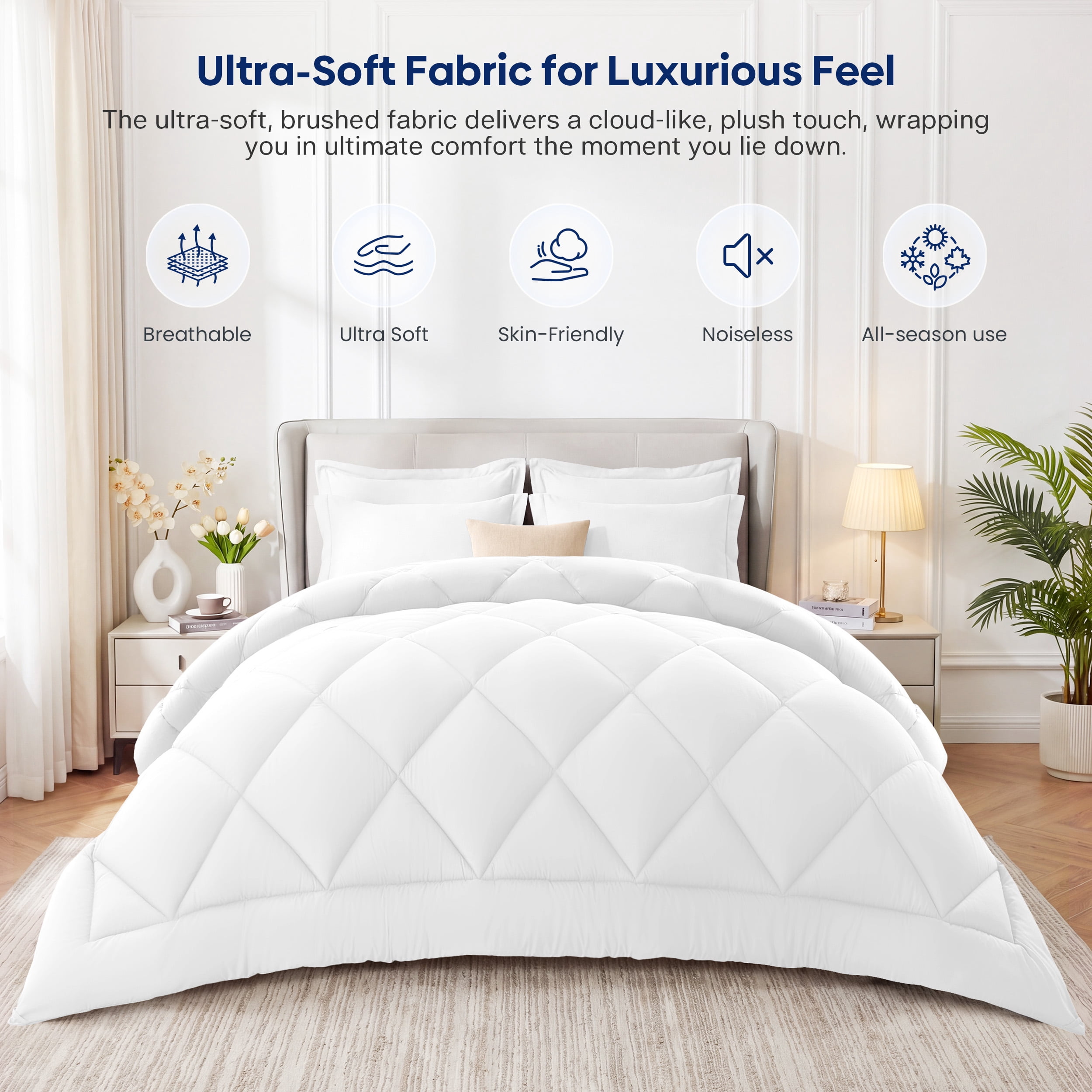 WISHEAD Comforter Queen Size All Season Soft Quilted Down Alternative Bedding Duvet Insert with Corner Tabs, Machine Washable, White