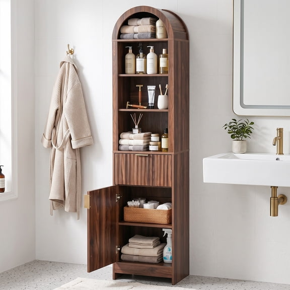 Ktaxon Arched Fluted Bathroom Storage Cabinet Narrow Tall, Freestanding Tower with Drawer, Walnut