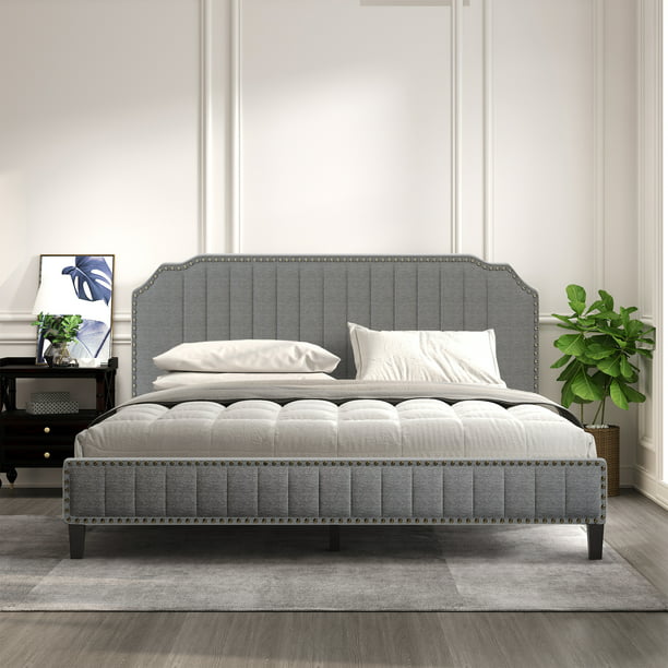 King Bed Frame, New Upgraded King Size Linen Upholstered Platform Bed ...