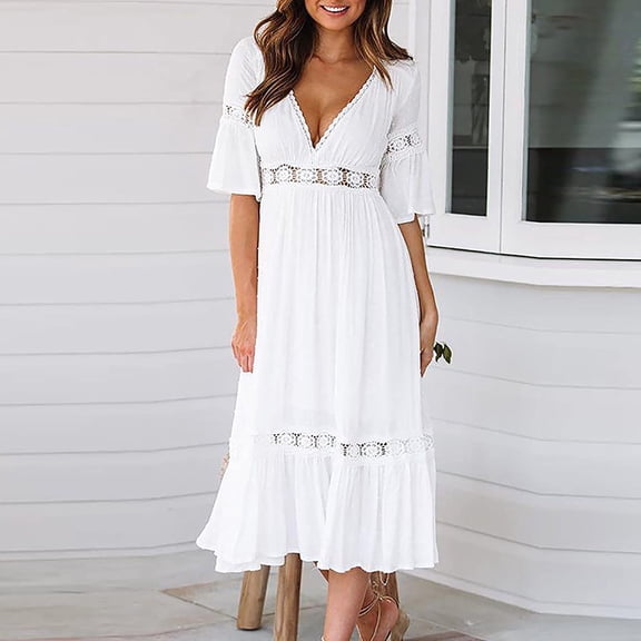 MELDVDIB Womens Bohemian Dress Deep V Neck Summer Flowy Long Maxi Dresses White Sleeveless Beach Party Loose Dresses
