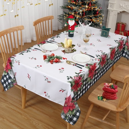 

Christmas Table Cloth Buffalo Plaid Checkered Waterproof Xmas Flower Print Tablecloth Decor