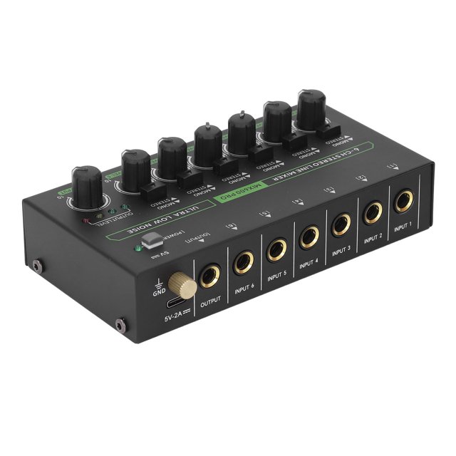 6 Channel Mixer with RGB Light, 1/4 TRS TS Low Noise Stereo Mono Switching Line Audible Mixer for Stage Recording Studio, Mini Mixer with Clear Sound Quality