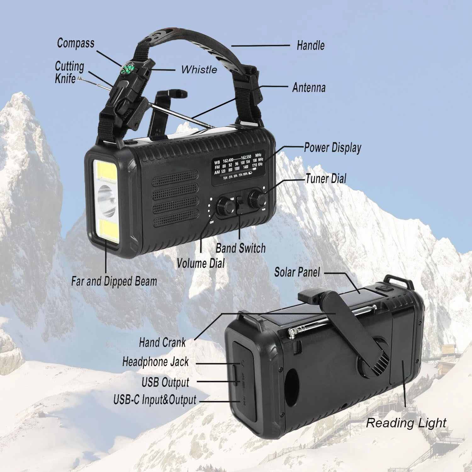 20000mah/ 74000mwh Hand Crank Emergency Radio  Am/fm/noaa Weather Solar With Usb Phone Reading Lamp Flashlight & Sos For (black)