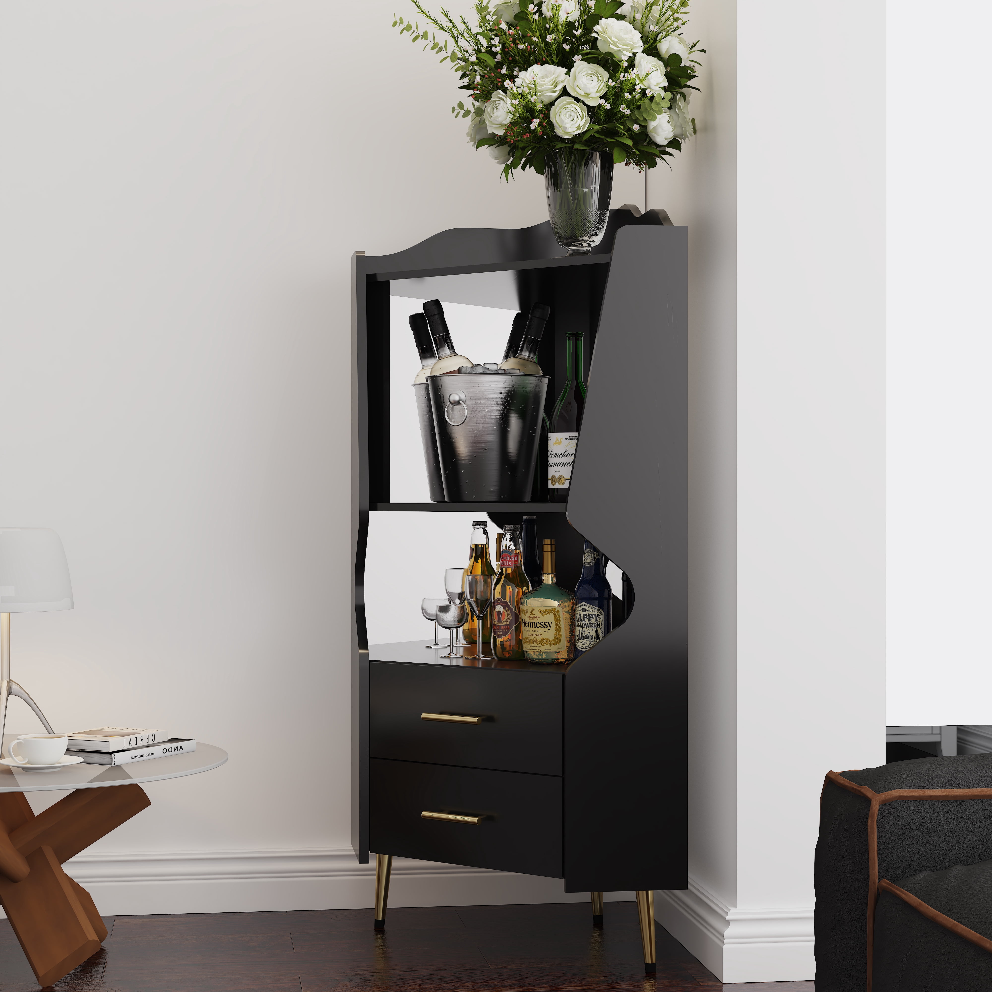 Wooden Corner Bar Cabinet With 2 Open Storage Shelves And 2 Drawers, Mirrored Back Sideboard Cabinet, High Feet/Legs For Easy Cleaning, Buffet Cabinet