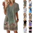 thumbnail image 4 of Women's Floral Print V-Neck Short Sleeve Casual Dress with Pocket, Pullover Summer Dress, Lightweight Comfort Fit, Fashion Ladies Clothing,Blue,3XL, 4 of 8