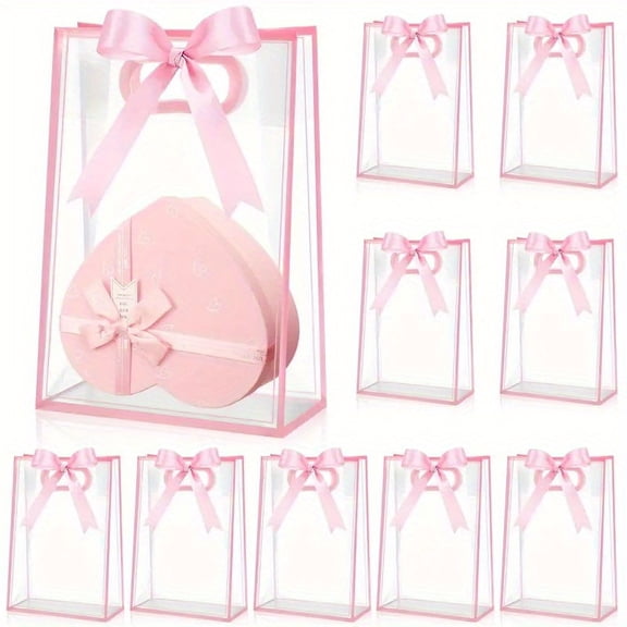 12 Pack Clear Plastic Gift Bags with Handles & Ribbon, 7x10 Inch Transparent Party Favor Bags for Weddings, Bridal Showers, Birthdays, Baby Showers, Reusable Clear Treat Bags for Gifts & Crafts