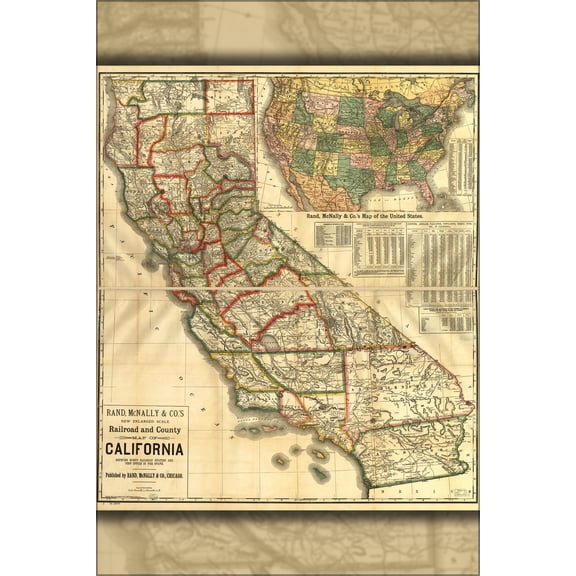 24"x36" Gallery Poster, railroad and county map of California 1883