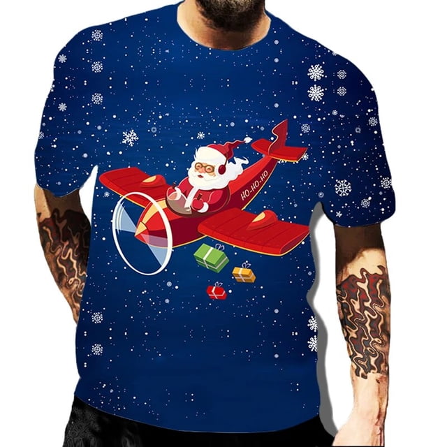 Camiseta con estampado de Papá Noel para hombre, camisetas rojas de manga corta con estampado de alces, ropa informal holgada con cuello redondo, 6XL