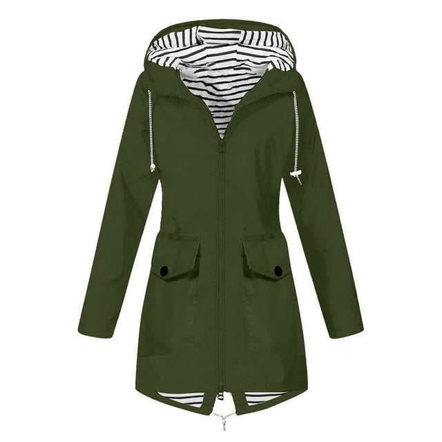 CEHVOM Women Solid Rain Jacket Outdoor Plus Size Waterproof Hooded Windproof Loose Coat