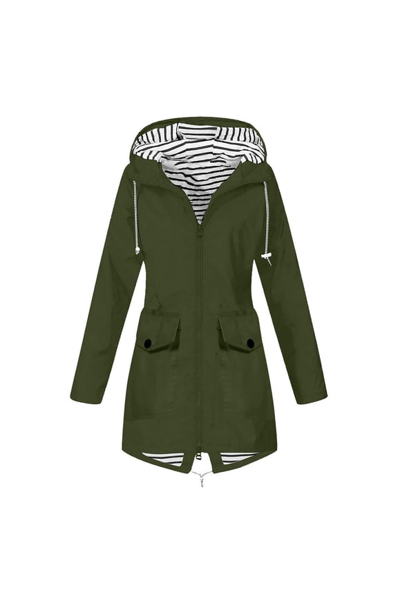 Women Casual Military Anorak Jacket Waterproof Jacket Windproof Warm Drawstring Long Sleeve Pockets Lightweight Detachable Hooded Utility Trendy Solid Army Green S
