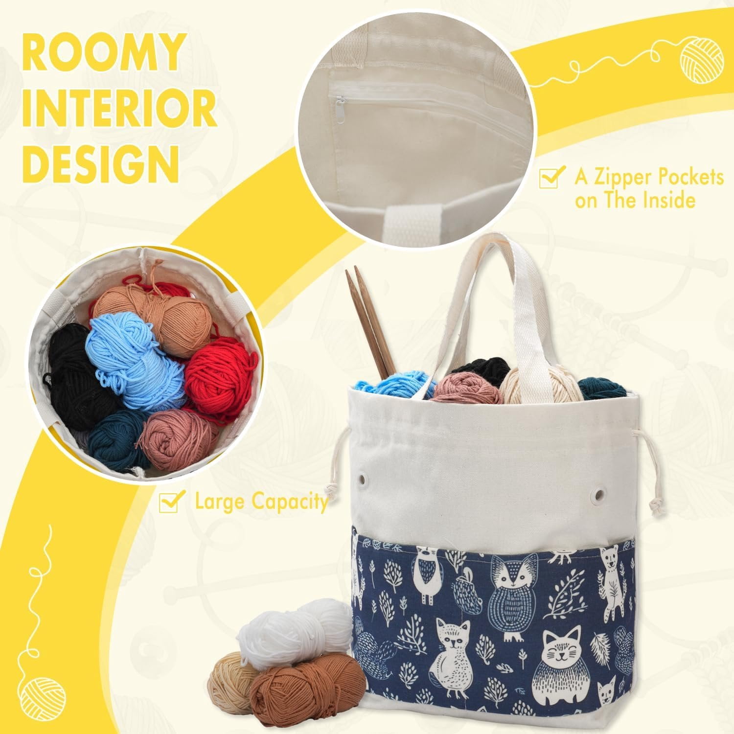 Crochet Bag, Handy Knitting Project Yarn Bag, Crochet Accessories Yarn Storage Organizer, Knitting Bags and Totes for Crocheting  The Go, 12.5x13x5''